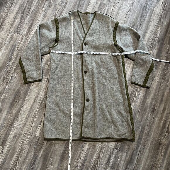 Vintage Military Quilted Wool Field Liner Coat Gray Olive Trim Long Overcoat - Picture 3 of 4